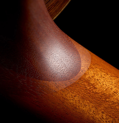 The neck to heel joint of a 2023 Richard Reynoso classical guitar made of cedar and wenge
