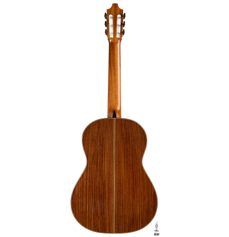 The back of a 2014 Richard Reynoso classical guitar made of cedar and Indian rosewood
