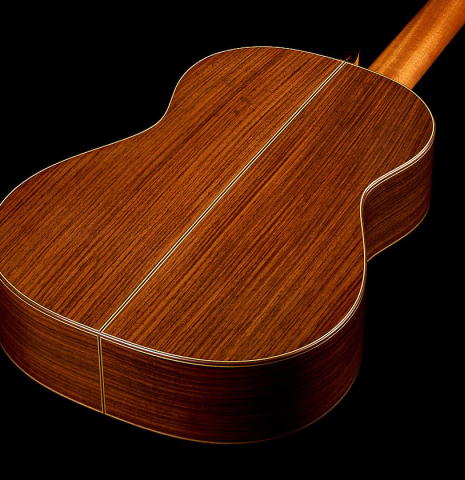 The back and sides of a 2014 Richard Reynoso classical guitar made of cedar and Indian rosewood