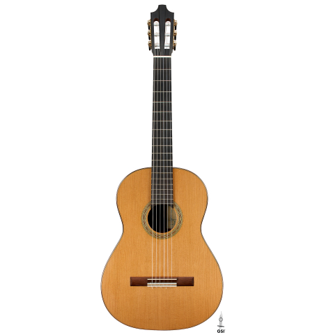 The front of a 2014 Richard Reynoso classical guitar made of cedar and Indian rosewood