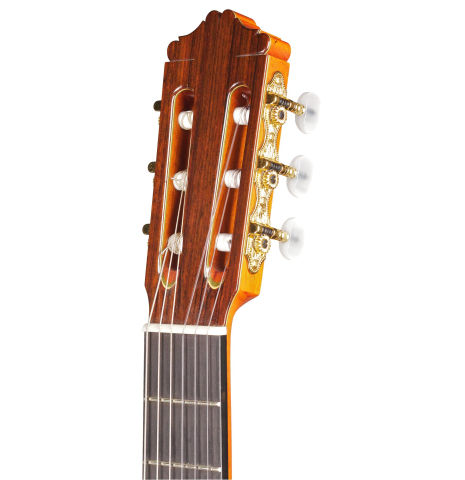The headstock of a 1996 Mikhail Robert classical guitar made of spruce and Indian rosewood