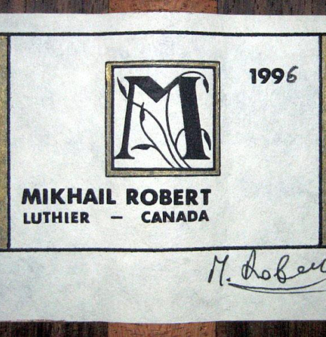 The label of a 1996 Mikhail Robert classical guitar made of spruce and Indian rosewood