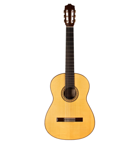 The front of a 1996 Mikhail Robert classical guitar made of spruce and Indian rosewood