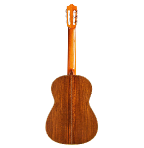 The back of a 1996 Mikhail Robert classical guitar made of spruce and Indian rosewood