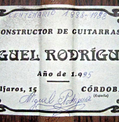 The label of a 1995 Miguel Rodriguez "Centenario" previously owned by Angel Romero.