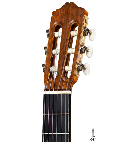 The headstock and machine heads of a 1978 Miguel Rodriguez classical guitar made with redwood and Honduran rosewood
