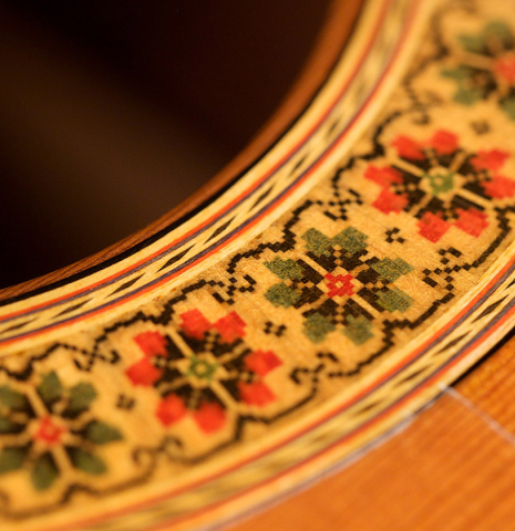 The rosette of a 1978 Miguel Rodriguez classical guitar made with redwood and Honduran rosewood