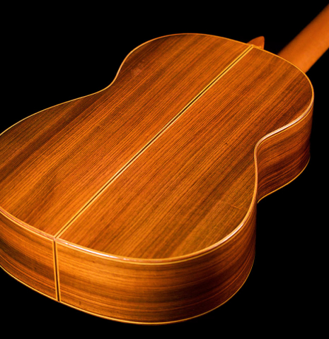 The back and sides of a 1978 Miguel Rodriguez classical guitar made with redwood and Honduran rosewood