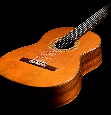 The front and sides of a 1978 Miguel Rodriguez classical guitar made with redwood and Honduran rosewood