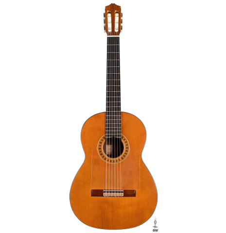 The front of a 1978 Miguel Rodriguez classical guitar made with redwood and Honduran rosewood