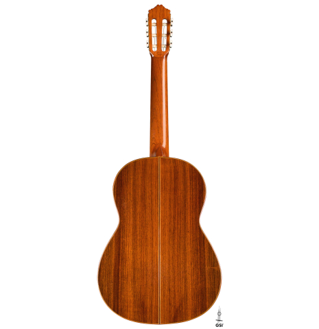 The back of a 1978 Miguel Rodriguez classical guitar made with redwood and Honduran rosewood