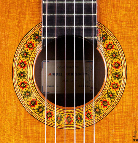 The rosette of a 1979 Miguel Rodriguez &quot;Churchdoor&quot; guitar made with cedar soundboard and CSA rosewood back and sides