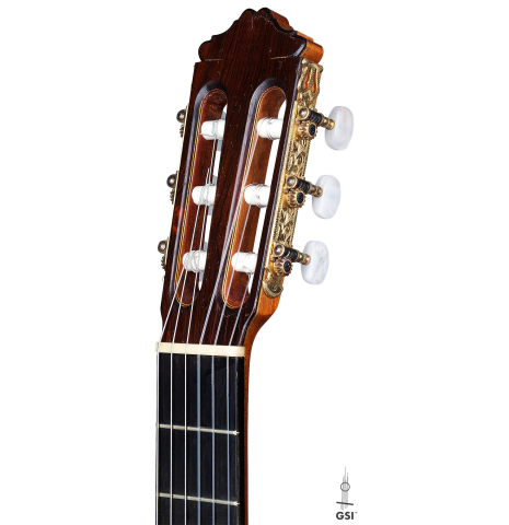 The headstock of a 1979 Miguel Rodriguez &quot;Churchdoor&quot; guitar made with cedar soundboard and CSA rosewood back and sides on a white background