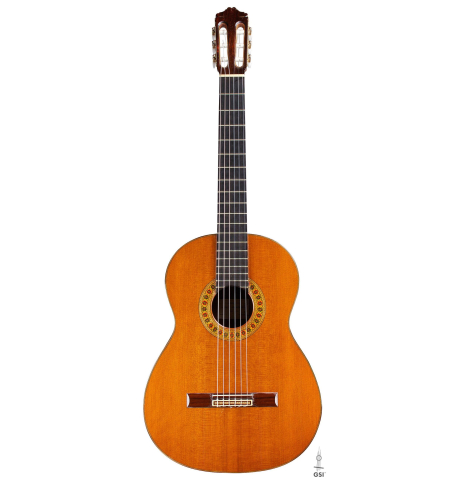 The front of a 1979 Miguel Rodriguez &quot;Churchdoor&quot; guitar made with cedar soundboard and CSA rosewood back and sides on a white background
