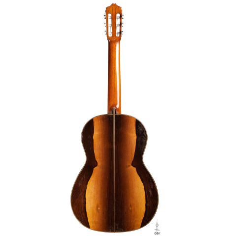 The back of a 1979 Miguel Rodriguez &quot;Churchdoor&quot; guitar made with cedar soundboard and CSA rosewood back and sides on a white background