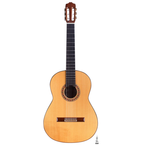The front of a 1987 Miguel Rodriguez classical guitar made of spruce and Honduran rosewood