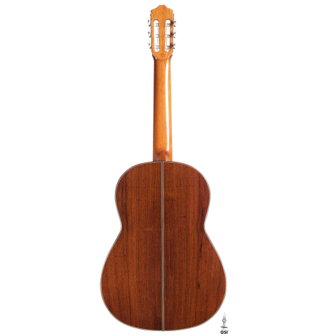 The back of a 1987 Miguel Rodriguez classical guitar made of spruce and Honduran rosewood
