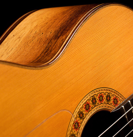 The soundboard and side of a 1976 Miguel Rodriguez &quot;Churchdoor&quot; (ex Angel Romero) made of cedar and CSA rosewood.