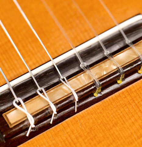 The bridge and saddle of a 1962 Miguel Rodriguez classical guitar