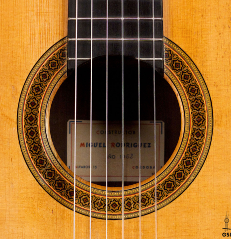 The rosette of a 1962 Miguel Rodriguez classical guitar