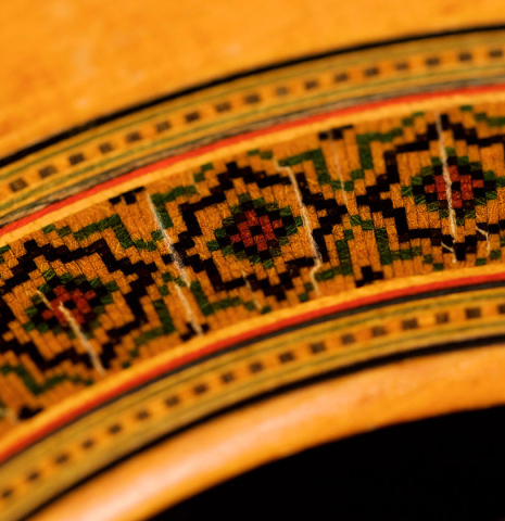 The rosette of a 1962 Miguel Rodriguez classical guitar