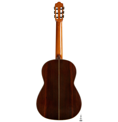 The back of a 1991 Miguel Rodriguez "Centenario" classical guitar made of spruce and CSA rosewood