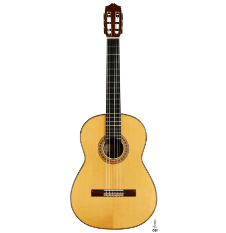 The front of a 1991 Miguel Rodriguez "Centenario" classical guitar made of spruce and CSA rosewood