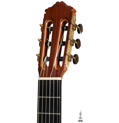 The headstock of a 1991 Miguel Rodriguez "Centenario" classical guitar made of spruce and CSA rosewood
