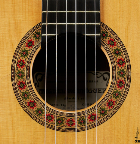 The rosette of a 1991 Miguel Rodriguez "Centenario" classical guitar made of spruce and CSA rosewood