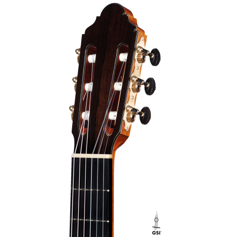 The headstock of a 2021 Jean-Noel Rohe classical guitar made of spruce and CSA rosewood