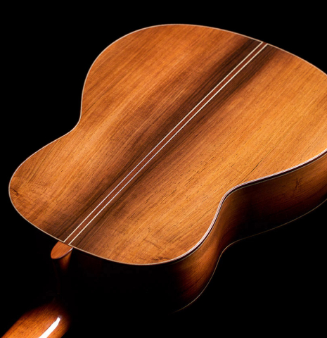The back of a 2021 Jean-Noel Rohe classical guitar made of spruce and CSA rosewood