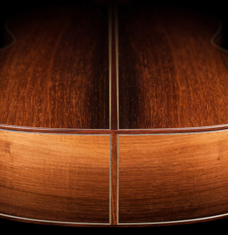 The lower bout of a 2021 Jean-Noel Rohe classical guitar made of spruce and CSA rosewood