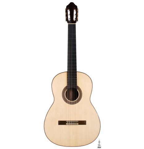 The front of a 2021 Jean-Noel Rohe classical guitar made of spruce and CSA rosewood