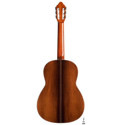 The back of a 2021 Jean-Noel Rohe classical guitar made of spruce and CSA rosewood
