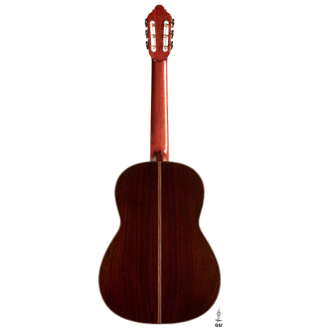 The back of a 2023 Jean-Noel Rohe classical guitar made of spruce and CSA rosewood on a white background
