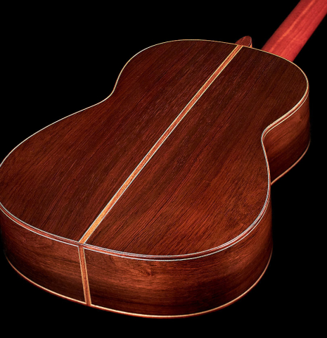 The back and sides of a 2023 Jean-Noel Rohe classical guitar made of spruce and CSA rosewood