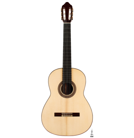 The front of a 2023 Jean-Noel Rohe classical guitar made of spruce and CSA rosewood on a white background