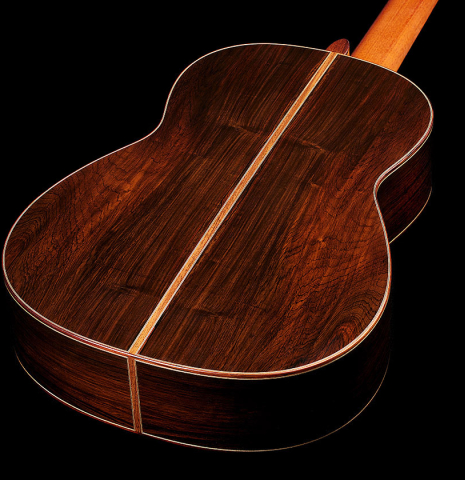 The back and sides of a 2024 Jean-Noel Rohe classical guitar made of spruce and CSA rosewood