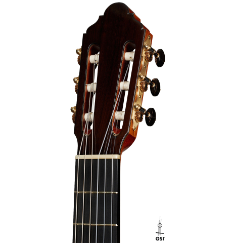 The headstock of a 2024 Jean-Noel Rohe classical guitar made of spruce and CSA rosewood