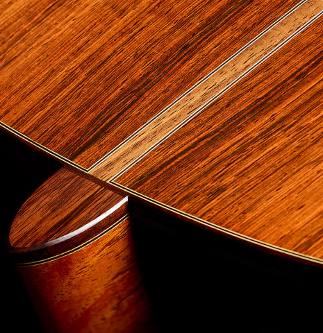 The heel and back purfling of a 2025 Jean-Noel Rohe classical guitar made of spruce and CSA rosewood
