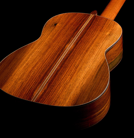 The back and sides of a 2025 Jean-Noel Rohe classical guitar made of spruce and CSA rosewood