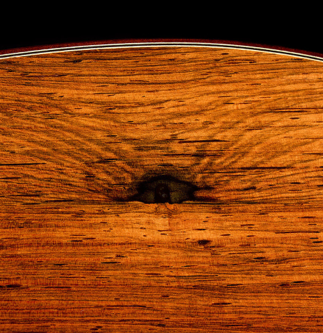 The back binding of a 2025 Jean-Noel Rohe classical guitar made of spruce and CSA rosewood