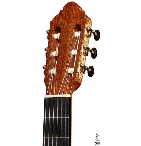 The headstock of a 2025 Jean-Noel Rohe classical guitar made of spruce and CSA rosewood