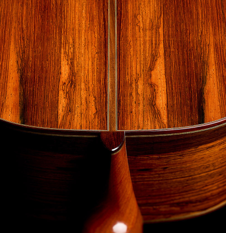 The heel, back binding and purfling of a 2026 Jean-Noël Rohé classical guitar made of spruce and CSA rosewood