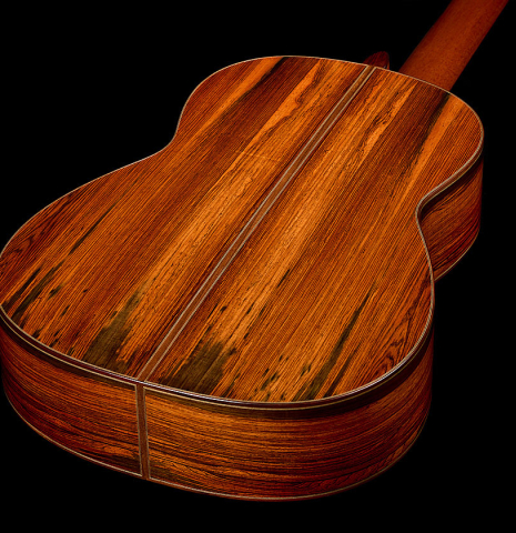 The back and sides of a 2026 Jean-Noël Rohé classical guitar made of spruce and CSA rosewood