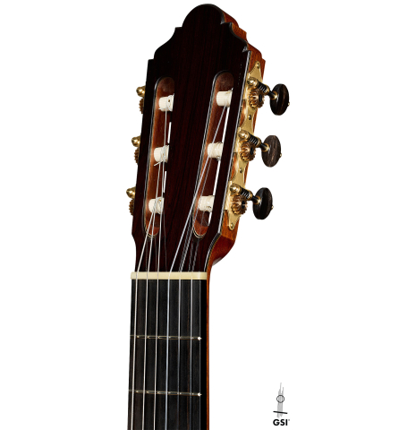 The headstock of a 2026 Jean-Noël Rohé classical guitar made of spruce and CSA rosewood