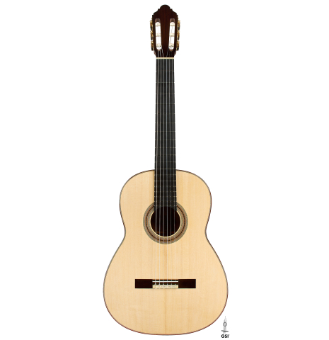 The front of a 2026 Jean-Noël Rohé classical guitar made of spruce and CSA rosewood