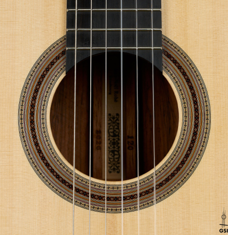 The rosette of a 2026 Jean-Noël Rohé classical guitar made of spruce and CSA rosewood