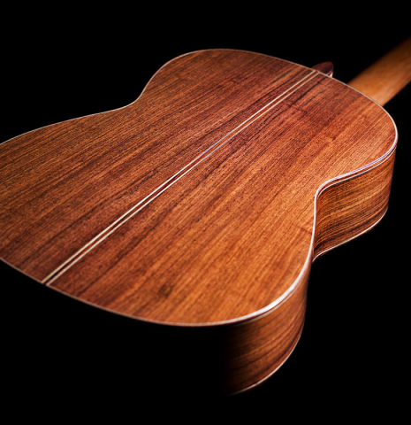 The back of a 2011 Jean-Noel Rohe classical guitar made of spruce and Indian rosewood