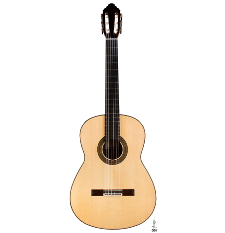 The front of a 2011 Jean-Noel Rohe classical guitar made of spruce and Indian rosewood